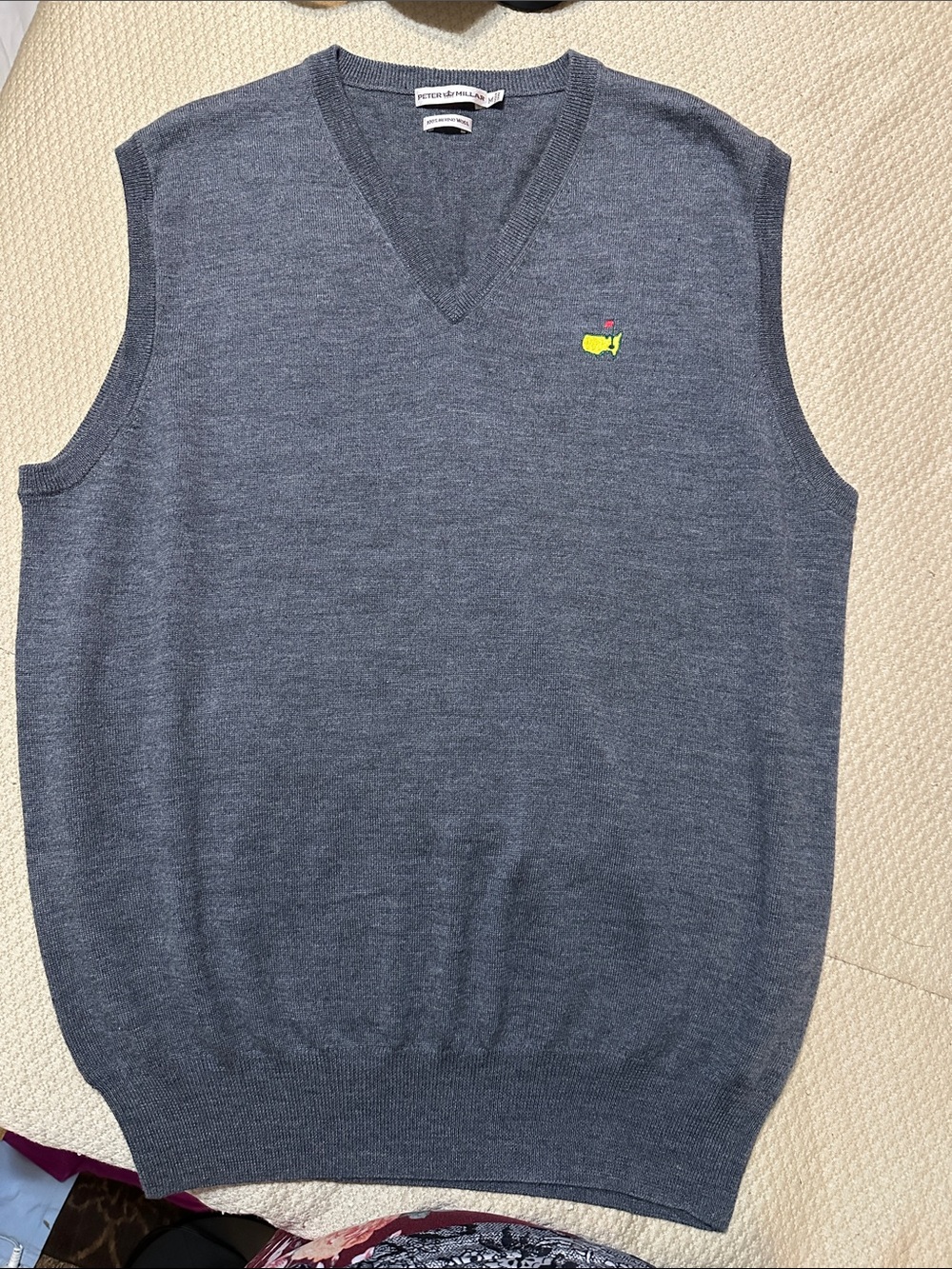Peter Millar Heather Navy V-Neck Sweater Vest with Masters Yellow Logo